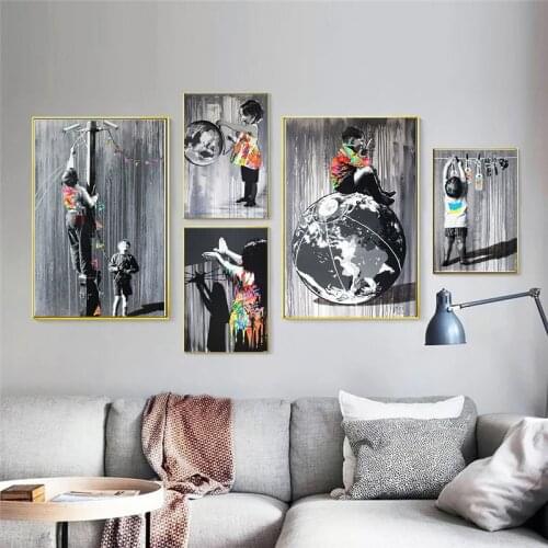 Abstract Funny Children Street Colorful Graffiti Art Paintings Black and White Shadow Earth Canvas Pictures Wall Posters Prints