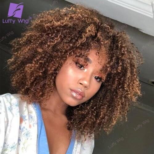 Afro Kinky Curly Highlight Wig Human Hair Brazilian Remy Hair Machine Made O Scalp Top Wigs With Bangs For Black Women LUFFY