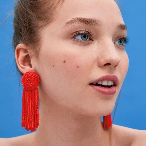 Bohemian Red Black Yellow Beads Tassel Earrings New Arrival Fashion Statement Drop Dangle Long Earring Round Charm Party Jewelry