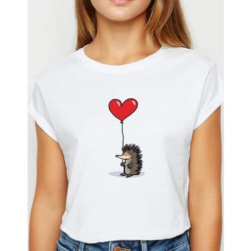 New T shirt Women Hedgehog Love balloon Tshirt Loose Spring Summer Top Cut Cartoon Printing vestidos Round Collar T-shirts