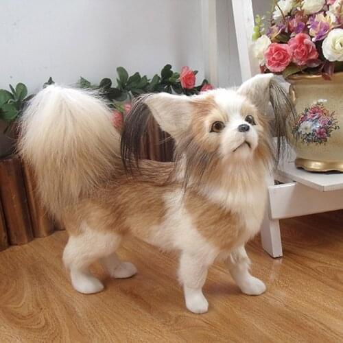 Artificial Dog Papillon Lifelike Realistic Puppy Animal Figurines Statues Home Room Office Decor Kids Toy Birthday Gift Ornament