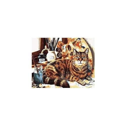 MaHuaf-W223 cat on the desk painting by numbers Hand Painted Framed Acrylic Picture coloring by numbers on canvas