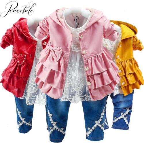 6m-3Years Spring Autumn Baby Girls Clothing Set 3pcs Long Sleeve White Cotton T Shirt Pu Leather Hoodie Jacket and Denim Jeans
