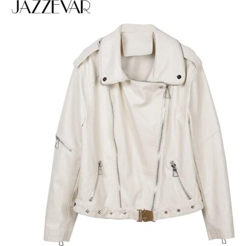 JAZZEVAR 2021 New High Fashion Street Women Real Sheep Skin Leather Jacket female White Genuine Leather Rivet Motorcycle Jackets