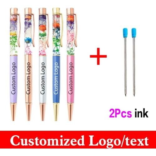 1+2pcs/set of Dried Flower Oil Pen Get 2 Ink Advertising Metal Ballpoint Pen Gift Pen Custom Logo Student Stationery Wholesale