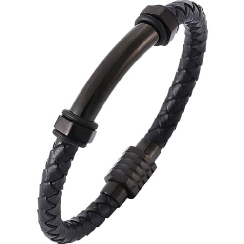 Fashion Black Braided Leather Men Bracelet Stainless Steel Magnet Clasp Leather Bangle Male Jewelry Punk Christmas Gift PD516