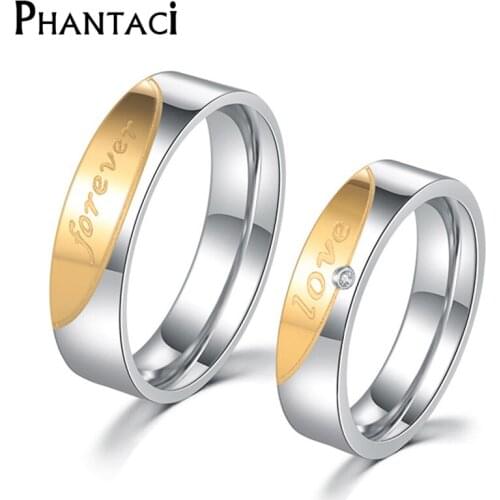 Phantaci Fashion Stainless Steel Rings For Women Men Silver Color Crystal Couple Rings Set Male Female Engagement Wedding Rings