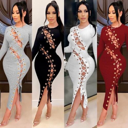 Long Sleeve Dress Solid Sexy Bodycon Dress O-Neck Hollow Out Club Dress Autumn Winter Fashion Party Dresses For Women