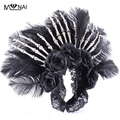 Steam Punk Retro Black Roses Feathers Hairband Gothic Skeleton Hands Headband For Halloween Party Masquerade
