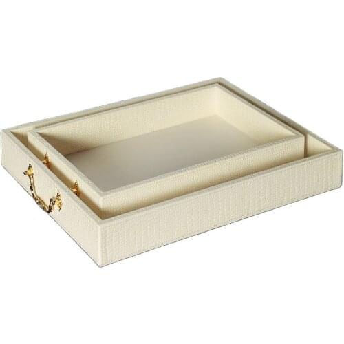 European style pearly white PU serving tray square bedside table organization tray with metal holder