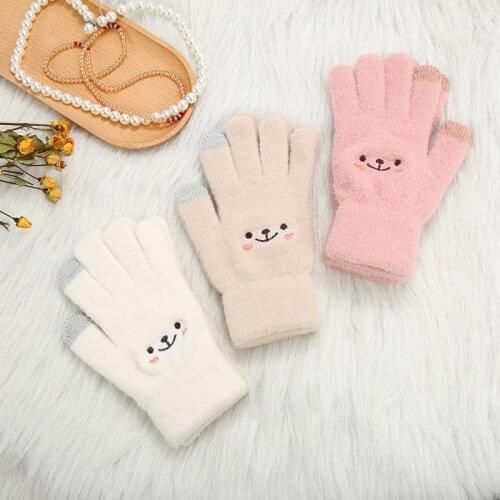 Women Autumn Winter Cute Cartoon Embroidery Smiley Touch Screen Mittens Female Thicken Plus Velvet Plush Warm Knit Gloves I64