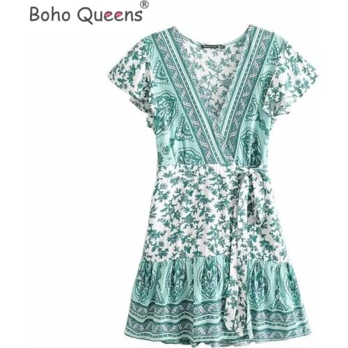 Boho Queens Vintage chic women sashes cross v-neck floral print beach Bohemian mini dress Ladies rayon Boho dress vestidos