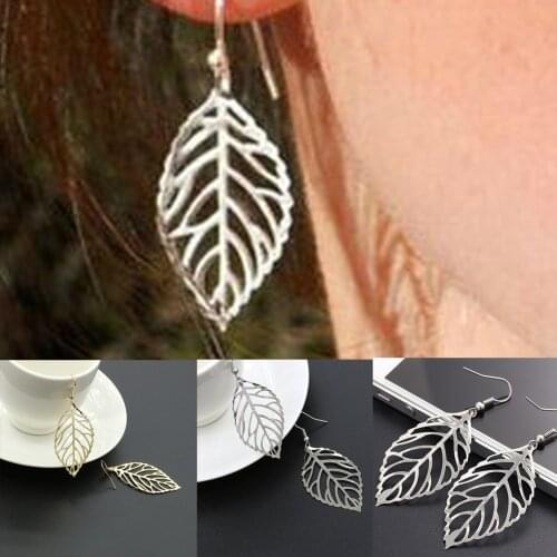 Female Earrings Large Leaf Shape Silver Plated Ear Hooks Simple Party Jewelry Dangle Earrings Hot Jewelry Hollow Metal Leaves