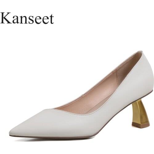 Kanseet New Women Shoes Summer Autumn Special-Shaped Heel Genuine Leather Pointed Toe Handmade 4 Colors Shallow High Heels Shoes