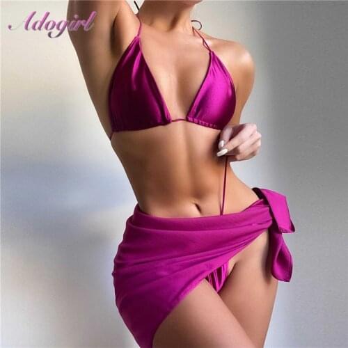Sexy Holiday Beachwear 3 Piece Sets Women Summer Solid Backless Bra Crop Tops+Underpants+Bandage Skirt Outfit Bikini Tracksuit