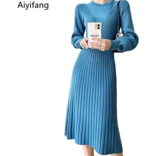 Office Lady Elegant Autumn Vintage Solid Pleated Knitting Long Dress Womens Long Sleeve Elasticity Bottom Sweater Knit Dresses