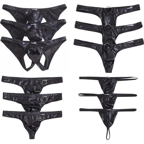 3PCS/Lots Sexy Men Thong G-string Jockstrap PU Leather Micro Bikini Exotic T-back Panties Gay Thongs Latex Panties Tangas Briefs
