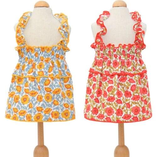 Floral Lace Shoulder Pet Dog Clothes Sunflower Print Sling Skirt Princess Cat Dog Dress Summer Girls Pet Costume Weeding Dresses