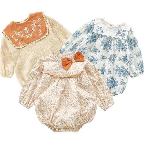 Baby Girls Clothes Princess Embroidery Little Square Collar Toddler Girls Bow Floral Jumpsuits Flare Long Sleeve Baby Bodysuits