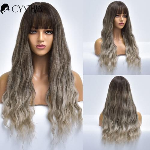Long Brown Wave Ombre Hair Synthetic Wig With Bangs For White Women Daily Cosplay Nutural Heat Resistant Female Fiber Wig
