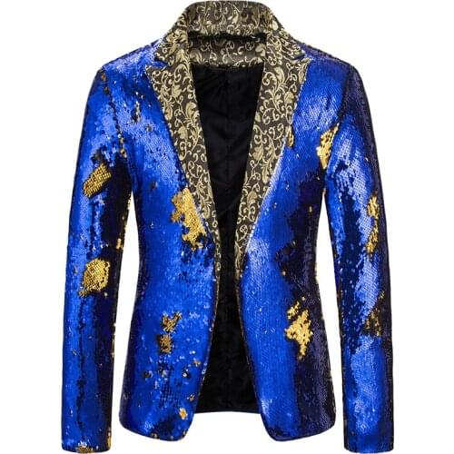 Mens Shiny Blue Gold Flipping Sequins Dress Blazers DJ Nightclub Blazer Jacket Men Slim Fit Single Button Blazer Men Stage Singers Costume Homme