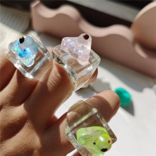 FFLACELL Korea Colorful Transparent Bear Acrylic Resin Geometric Square Ring for Women Girls Travel Jewelry Gifts 2021 New