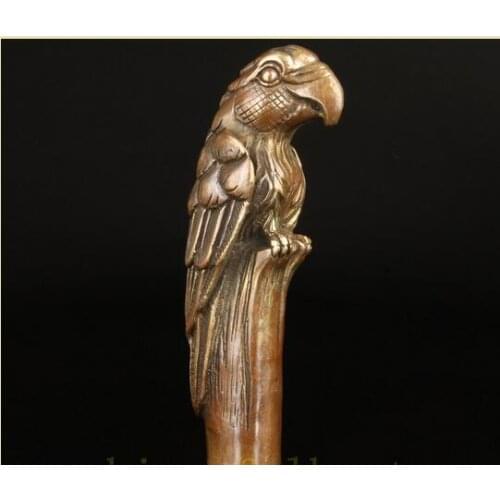 Bronze Pure Copper Brass Grandpa Good Lucky BRONZE PARROT CANE WALKING STICK HEAD DECORATION CARVING ASIAN COLLECT OLD HANDM