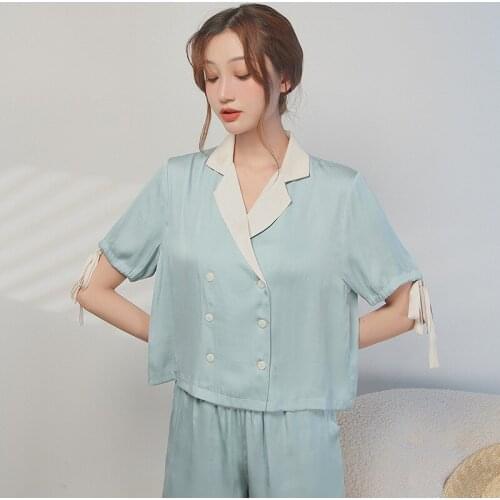 Summer Women Satin Pajamas Blue Shorts Short Sleeve Lounge Wear Lapel Two Piece Set Ribbon Sleepwear Sexy Nightwear Home Suit