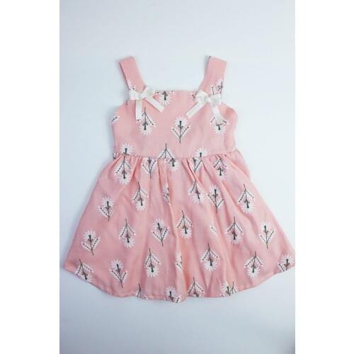 Flower Print Back Bow Summer Baby Dress Midi Textured Pendant Pink Printed Thin