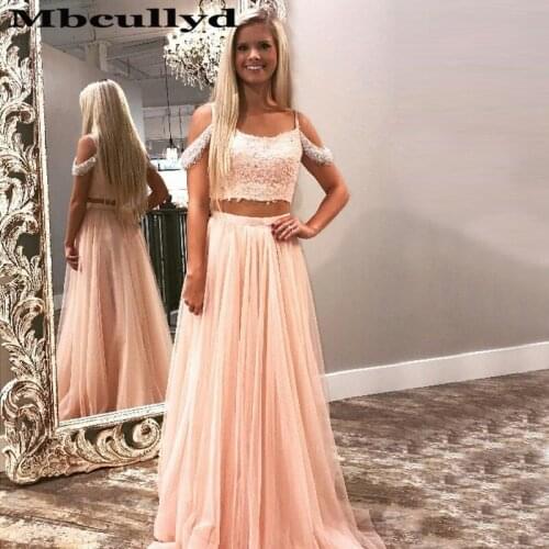 Mbcullyd Two Pieces Prom Dresses Long 2020 Soft Tulle Formal Evening Dress For Women Applique Lace Pearls Robe de soiree