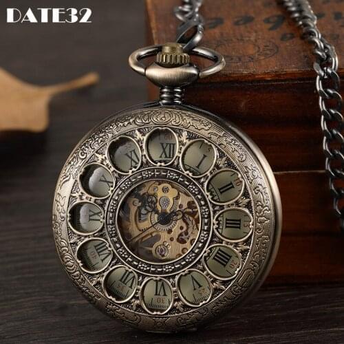 Mechanical Pocket Watch Antique Skeleton Dial Fob Chain Engrave Hollow Out Case Hanging Clock with Gift Box for Men Dropshipping