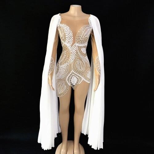 Flashing Luxurious Silver White Crystals Dress Sexy Transparent Evening Birthday Celebrate outfit Mesh See Through Dance Dress