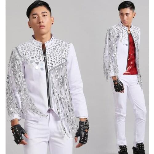 Tassel blazer men latest coat designs suit men costume homme terno white sequins suits for mens jacket singer dance stage
