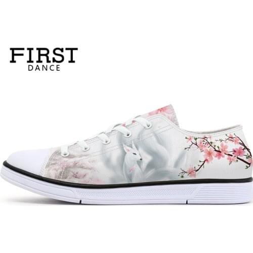 FIRST DANCE Fashion Women Fox Spirit Printed Shoes Classic Canvas Pattern Female Shoes White Floral Walking Floral Lace up Shoes