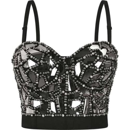 Gray Sexy Rock Punk Bra Diamond & Pearl Decoration Push Up Bralette Lingerie Anti-light Shockproof Bra Clubwear Corset Plus Size