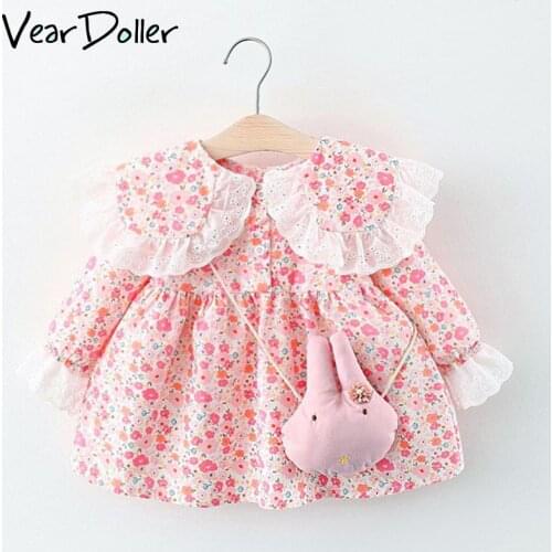 VearDoller Fashion Girls Dress with Cute Rabbit Bag Long Sleeve Childrens Clothing Floral Kids Dresses for Girls Princess Dress