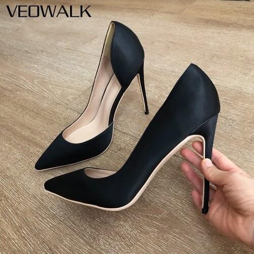 Veowalk Women Black Satin Pointy Toe D'Orsay Stiletto Pumps Elegant Ladies High Heel Party Shoes 8cm 10cm 12cm Customize Colors