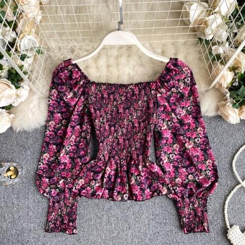 Womens Autumn Retro Blouse Square Collar Elastic Slim Short Puff Sleeve Top New Holiday Style Floral Shirts Female Blusa PL519