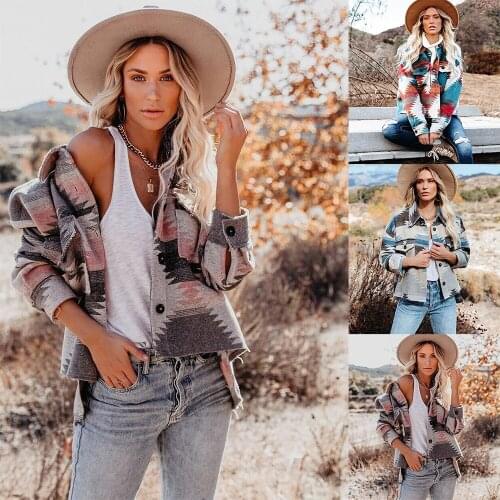 Womens retro ethnic geometric print woolen 2021 Autumn and winter long-sleeved loose fashion jacket female