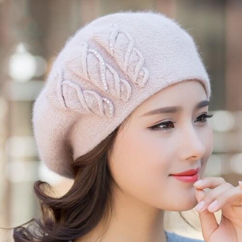 Beret Women Winter Hat Knit Beanie Angora Warm Rhinestone Double Layer Casual Soft Classic Thermal Snow Outdoor Accessory