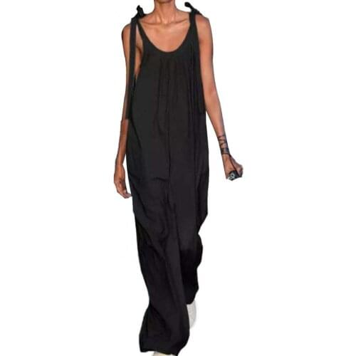 Women Casual Sleeveless Solid Color Jumpsuit Wide Leg Summer Lace-up Low Cut Romper for Daily Wear Fashion Loose Hem Playsuit