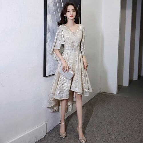 Champagne Sequins High Low Prom Dresses 2021 Elegant V-neck Sparkly Simple Short Cocktail Party Dresses With Cap Sleeves