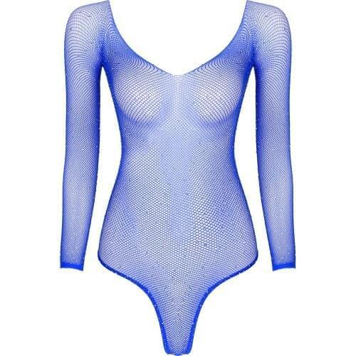 Womens Lingerie Bodysuit Long Sleeve Shiny Rhinestone See-through Mesh Fishnet Sleepwear Scoop Neck Leotard Jumpsuit Nigthwear