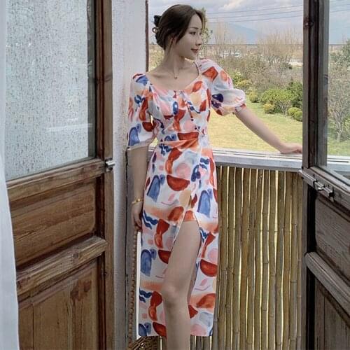 New Fashion Summer Casual Midi Streetwear Dress Ladies Vintage Puff Sleeve Print Sexy Split Holiday Beach Vacation Dress Robe