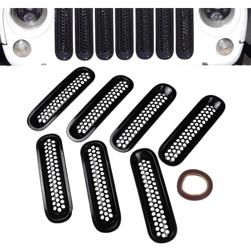 7pcs/set Grid Decorative Circle Front Grille Insert Mesh Light Circle For Jeep Wrangler Rubicon Jk 07-16 Black