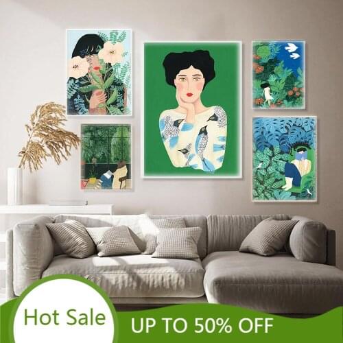 WTQ Abstract Flowers Girl Leaf Wall Art Canvas Painting Posters Prints Bird Nordic Room Decor Pictures Vintage Home Decoration