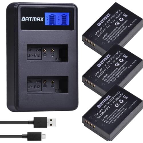 Batmax 3pc LPE12 LP-E12 LP E12 Rechargeable Battery+LCD Dual USB Charger for Canon EOS M2 M100 100D Kiss X7 Rebel SL1