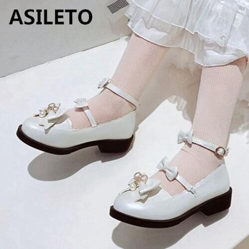 ASILETO New 2021 Ladies Pumps Lolita Cute Round Toe 3.5cm Block Heesl Bowtie Pearl Sweet Buckle Casual Party Big Size F1127