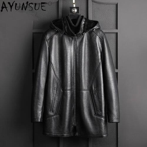AYUNSUE Winter Jacket Men Real Sheep Shearling Leather Leather Jackets Mens Hooded Parka Motorcycle Coat Ropa Hombre LXR999