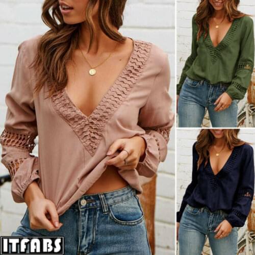 New Autumn Women Long Sleeve Loose Blouse V Neck Hollow Out Casual Lady Office Solid Shirts Tops